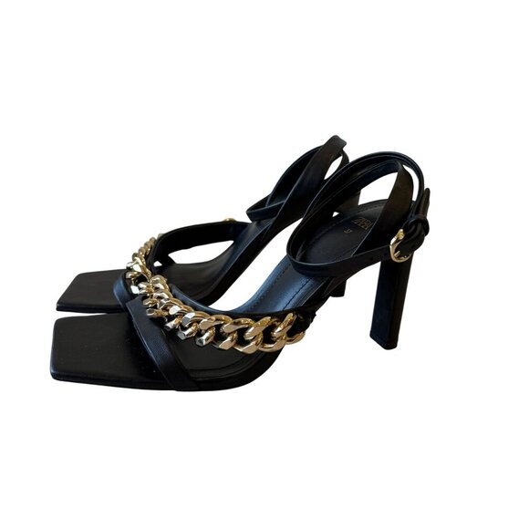 Zara Size 37 Strappy Square Toe Black Leather Sandal Gold Chain Heel Ankle Strap - Picture 3 of 12